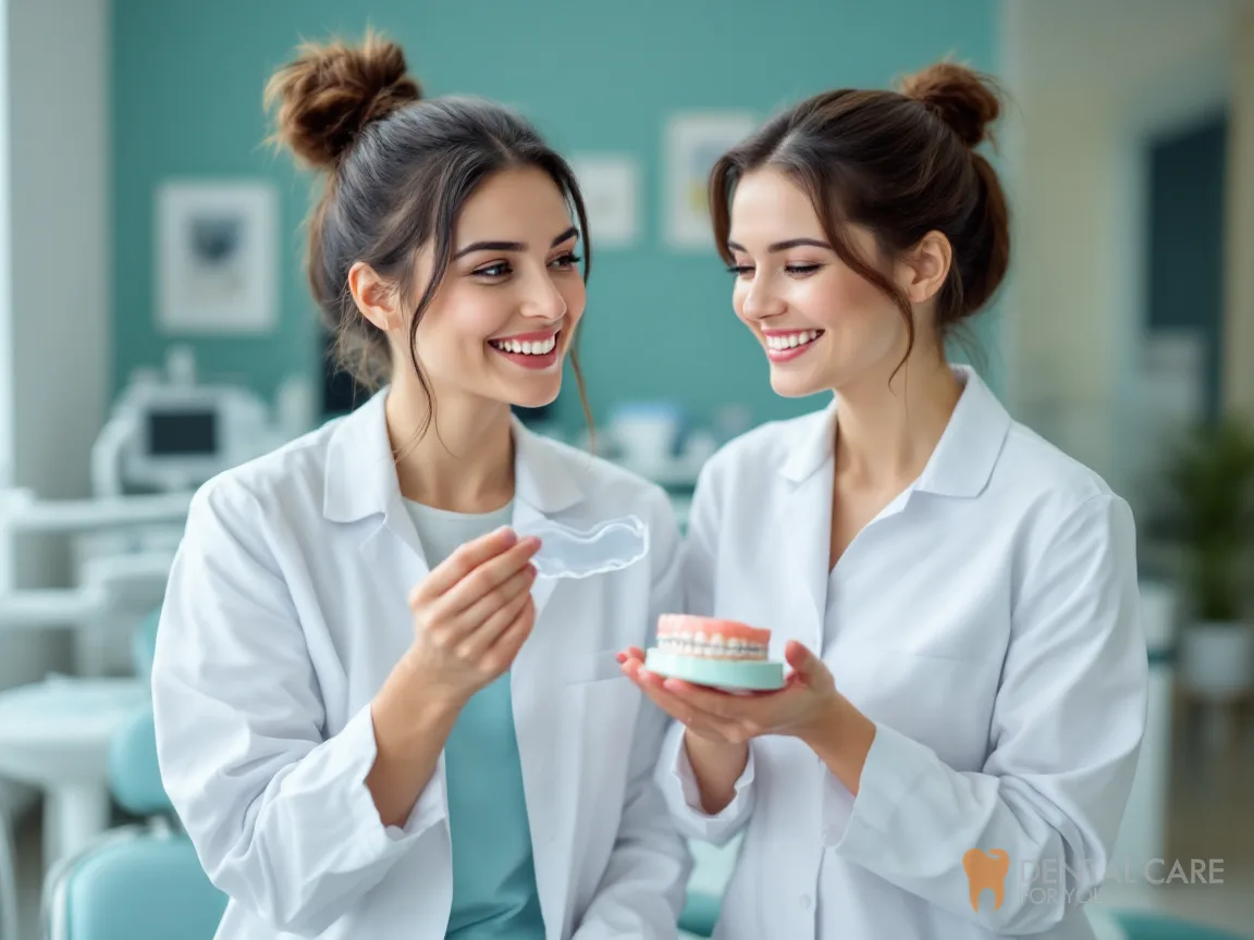 Dental team member holding a clear aligner beside a colleague with a dental model
