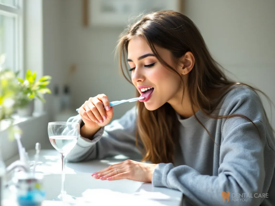 Woman cleaning her tongue at the sink with a glass of water, routine for bad breath
