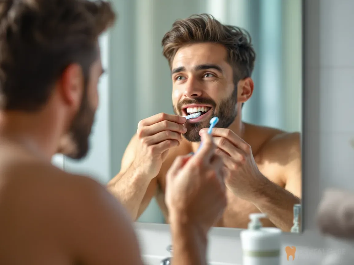 Man cleaning his teeth at the bathroom mirror, home care for bleeding gums