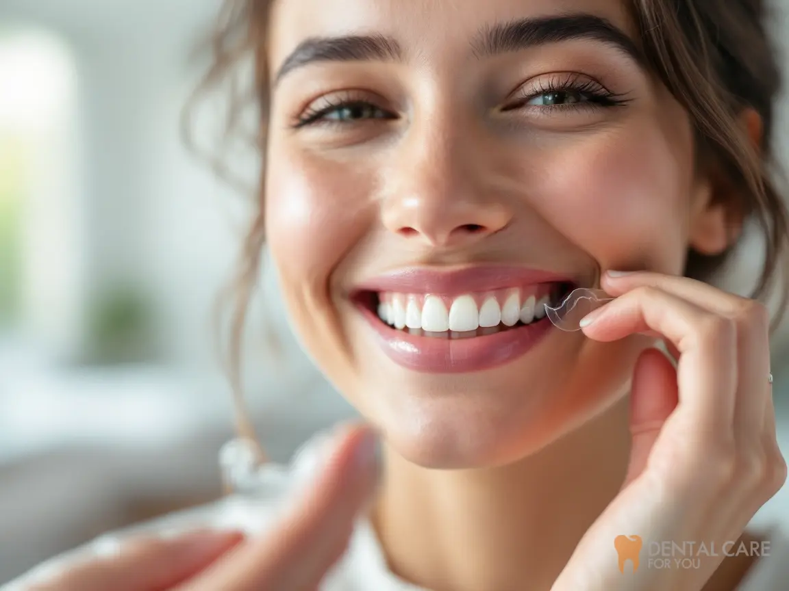 Smiling woman holding a clear aligner tray, illustrating braces and other options for straightening teeth