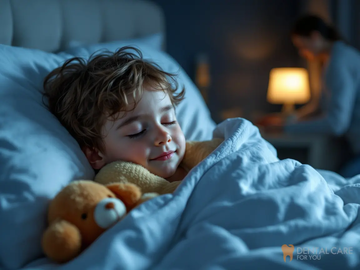 Young child asleep in bed with a stuffed toy while a parent checks in, the time when teeth grinding in children usually happens