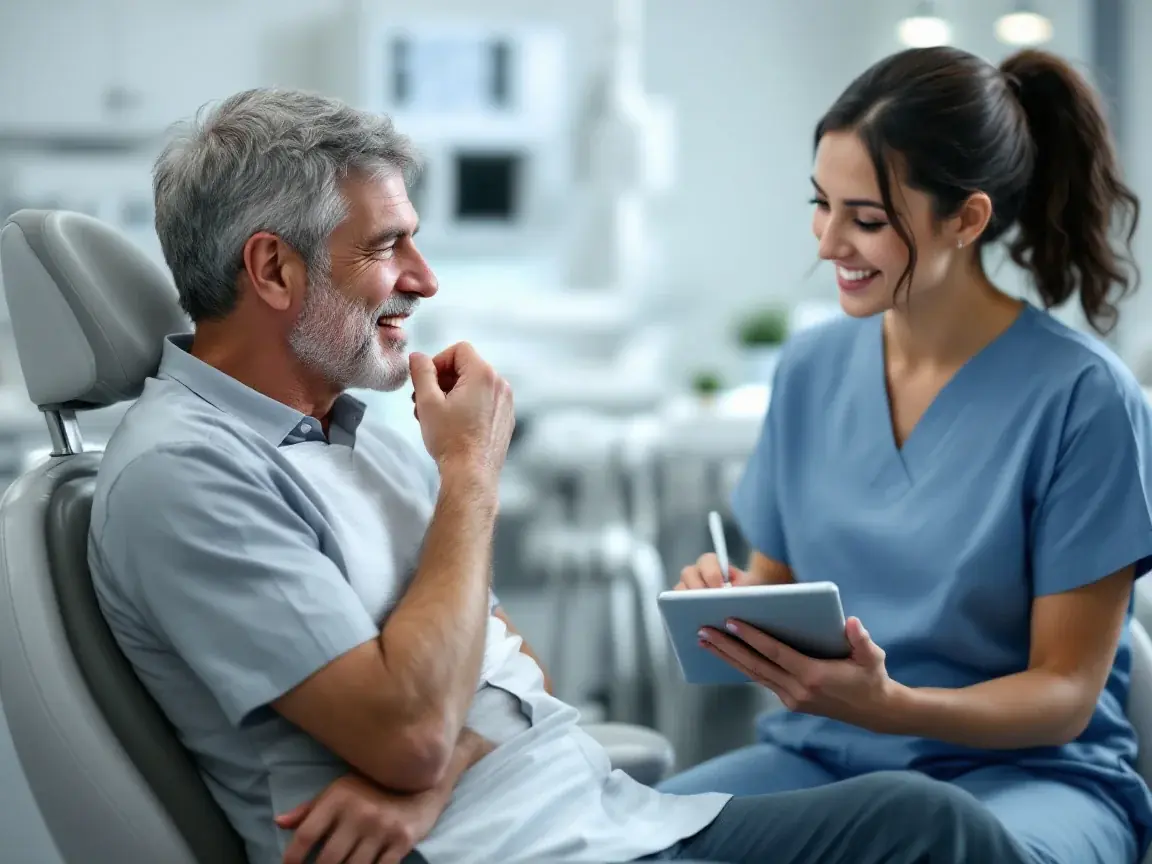 Patient in a dental chair describing pain when biting while the dentist takes notes, signs of a cracked tooth