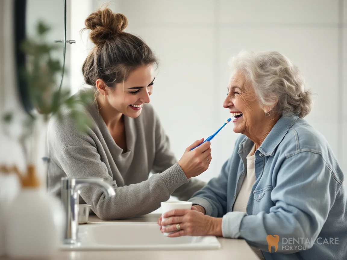 Adult daughter helping her smiling elderly mother brush her teeth at a bathroom sink