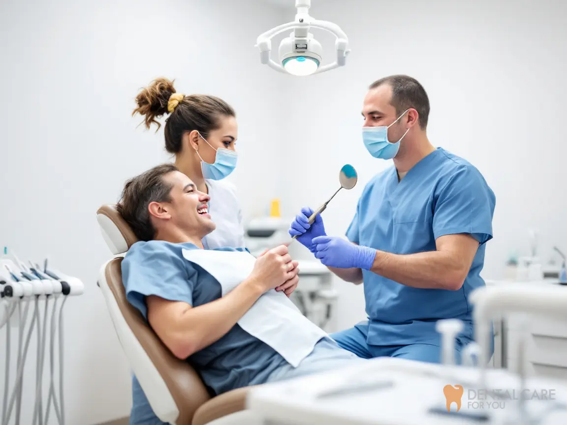 Dental assistant working chairside beside a dentist and a smiling patient during a dental check in a modern treatment room