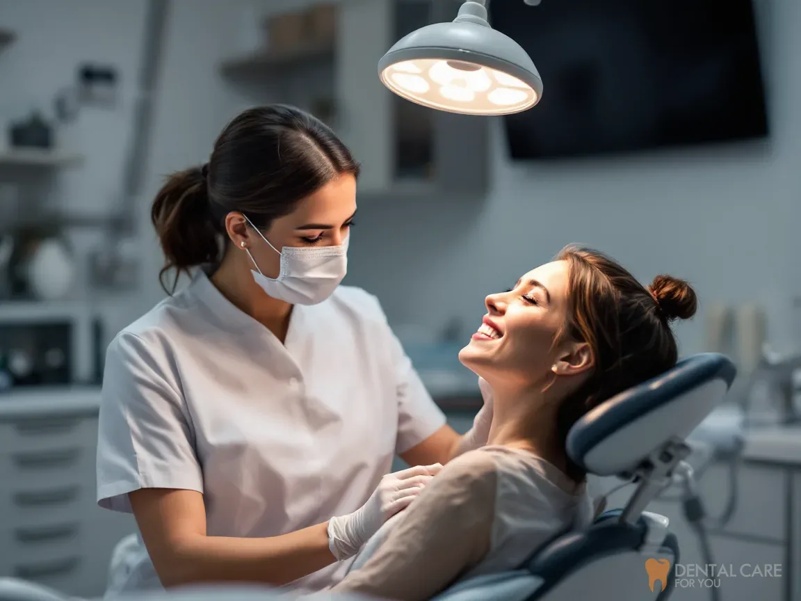 Dentist examining a smiling patient under the dental light, types of dental exams