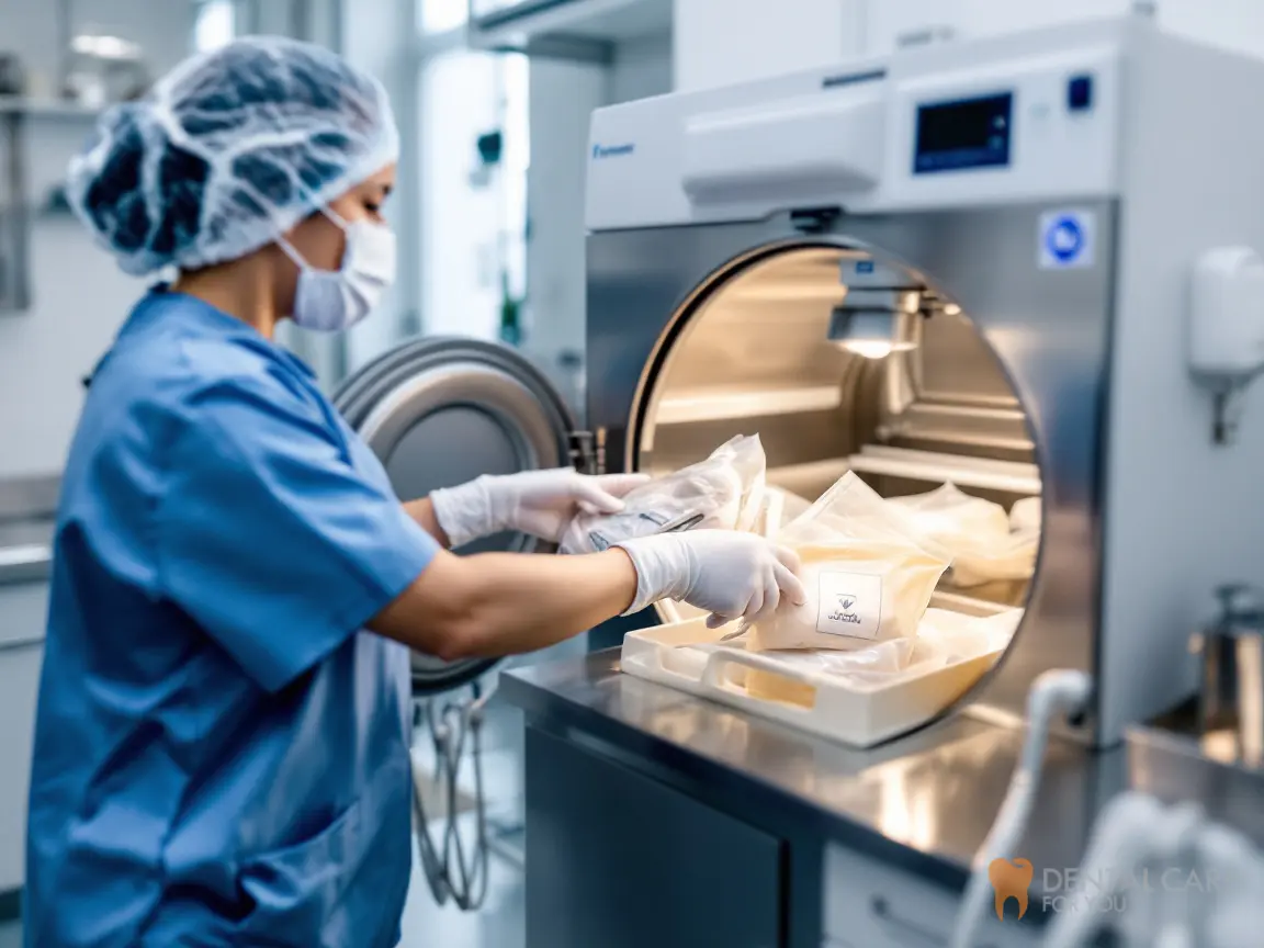 Dental assistant loading sealed instrument pouches into a steam sterilizer as part of dental office infection control
