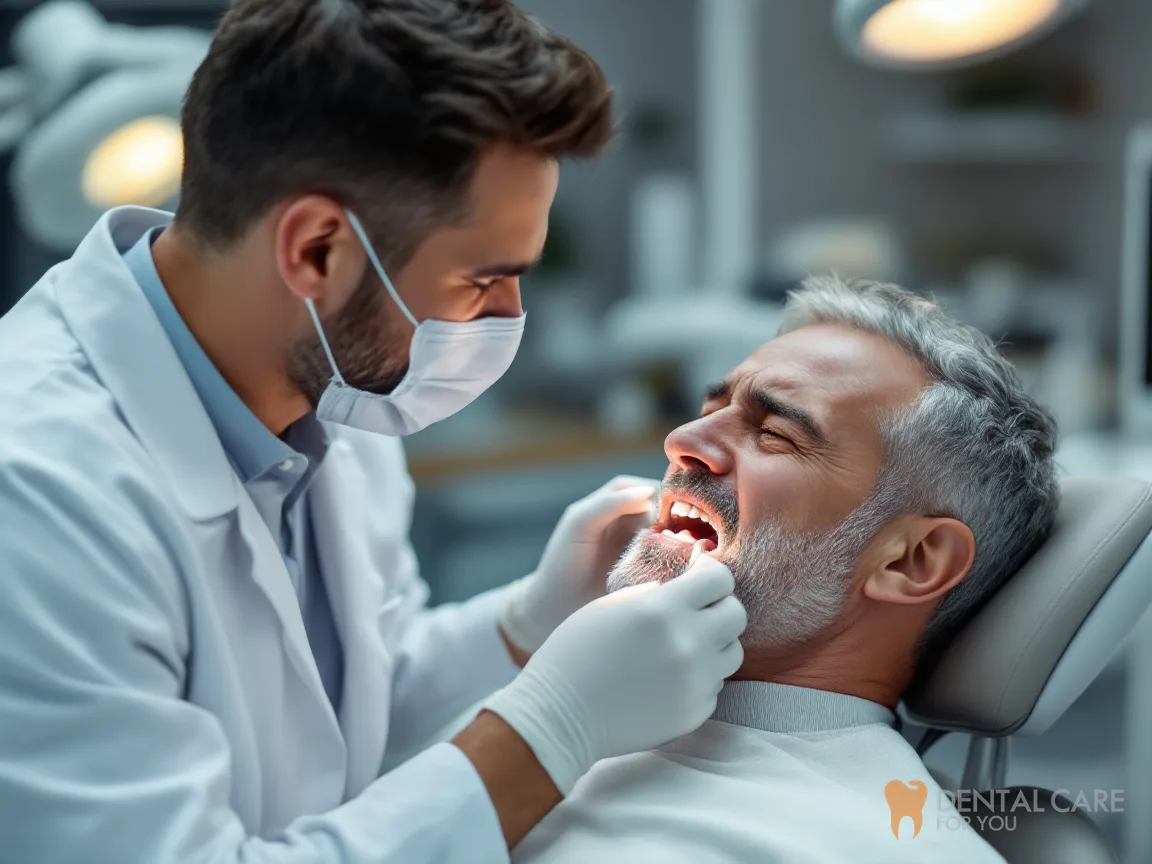 Dentist examining the lower teeth of a man in the dental chair to check for signs of an abscess