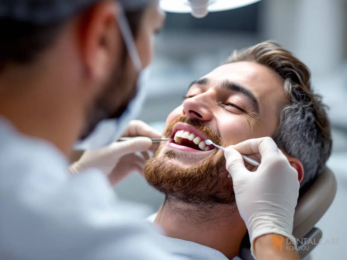 Dentist examining a patient's back teeth with a mirror and explorer to check for cavities