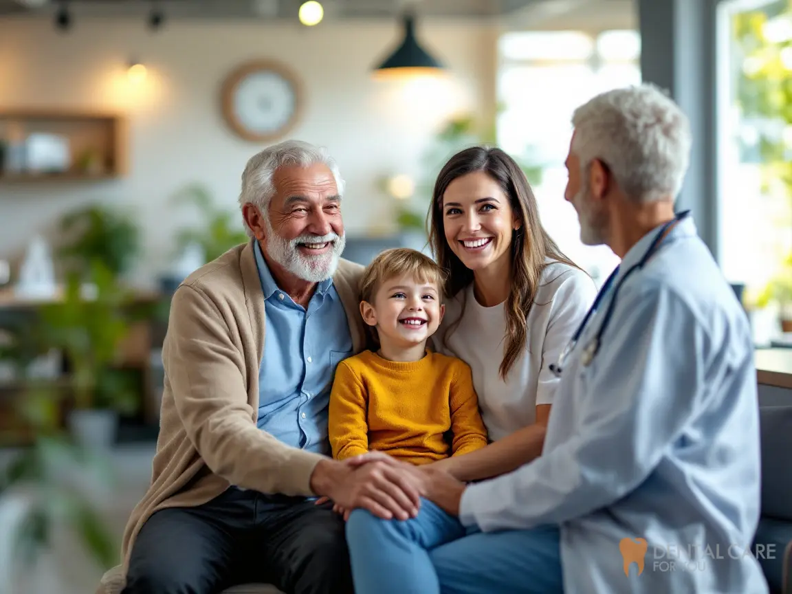 Grandfather, mother and young child smiling with their dentist at a family dental clinic, showing why regular dental care matters at every age