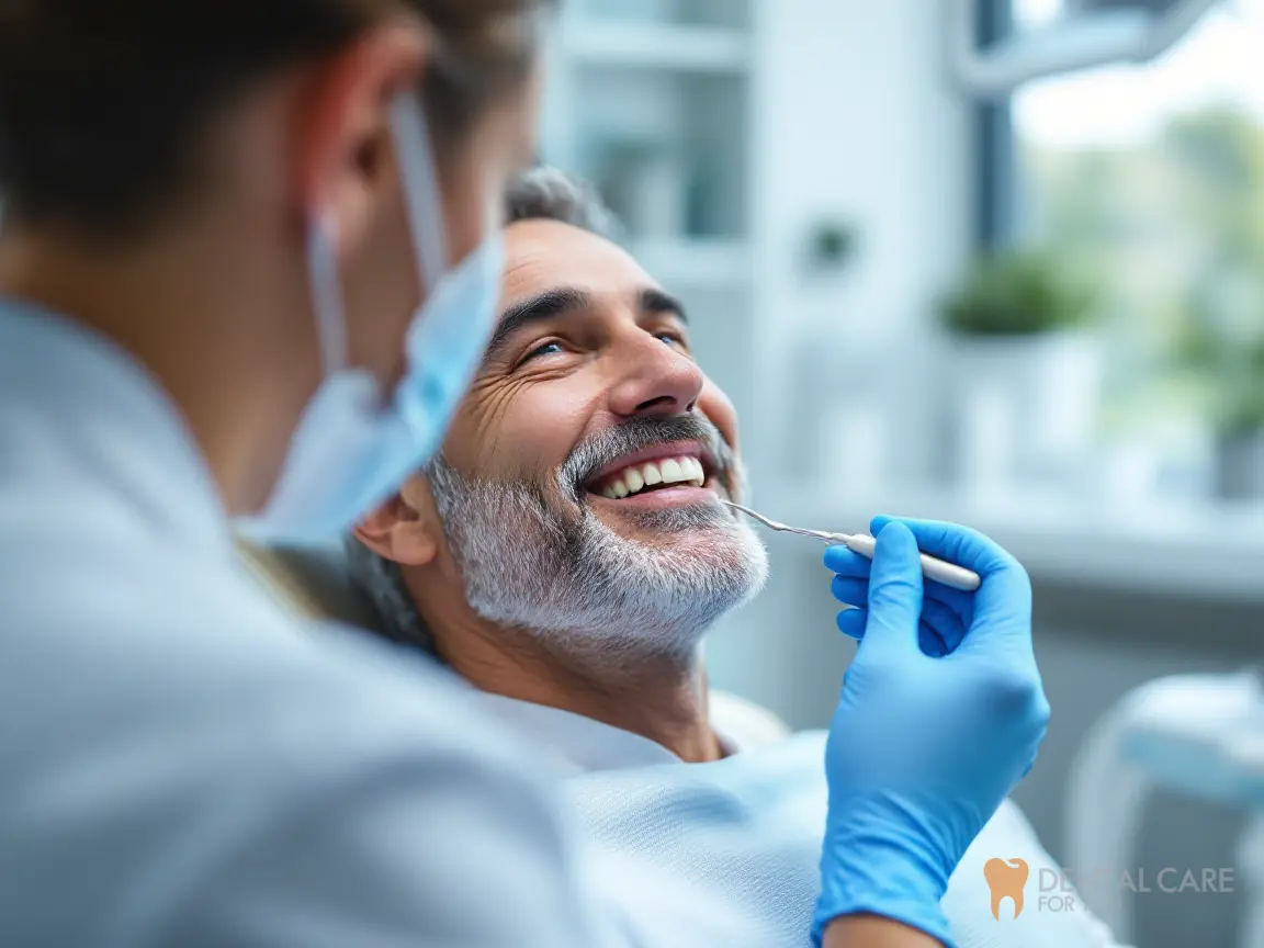 Dental team member checking a smiling man's gum line with a probe during a gum recession assessment