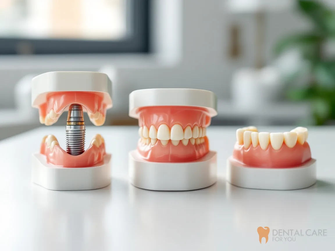 Three dental models side by side showing an implant with a crown, a fixed bridge and a partial denture