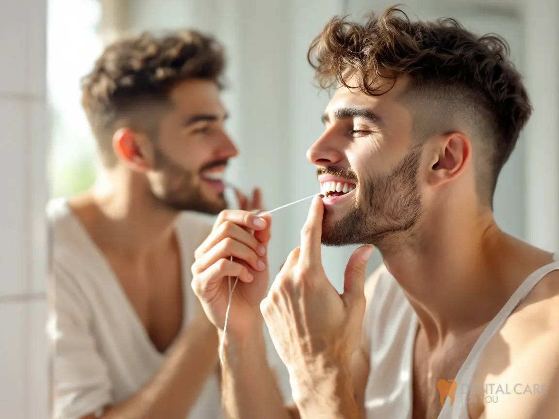 Young man flossing between his teeth at the bathroom mirror as part of a daily oral care routine