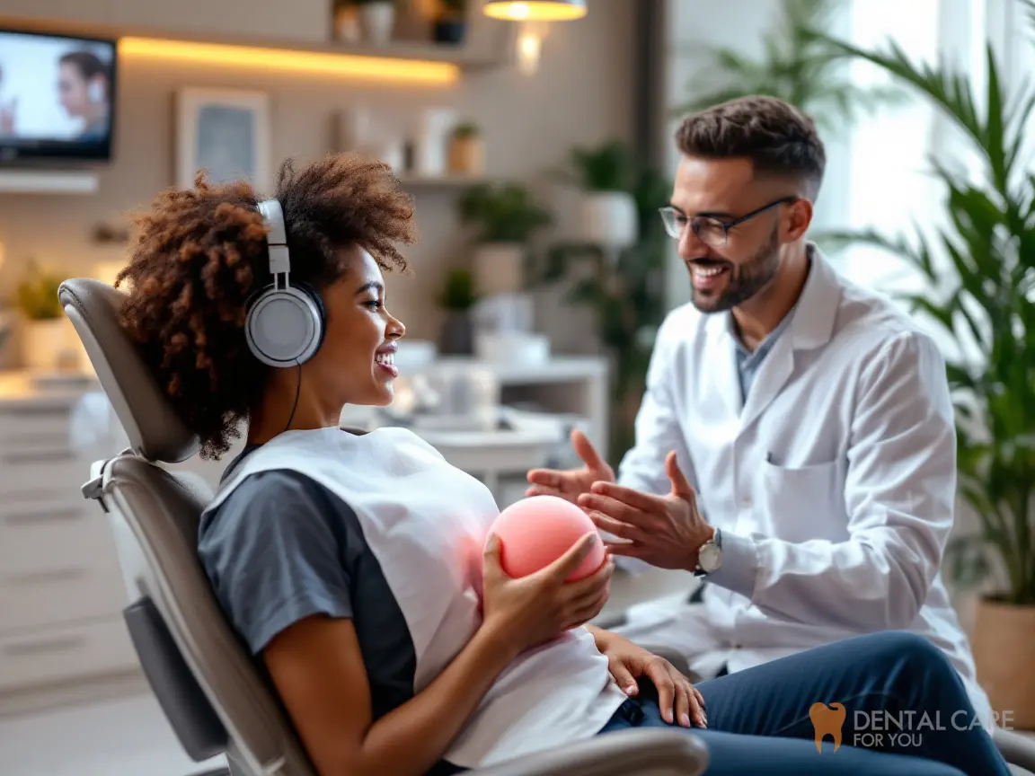 Patient wearing headphones and holding a stress ball while a dentist talks calmly with her to ease dental anxiety