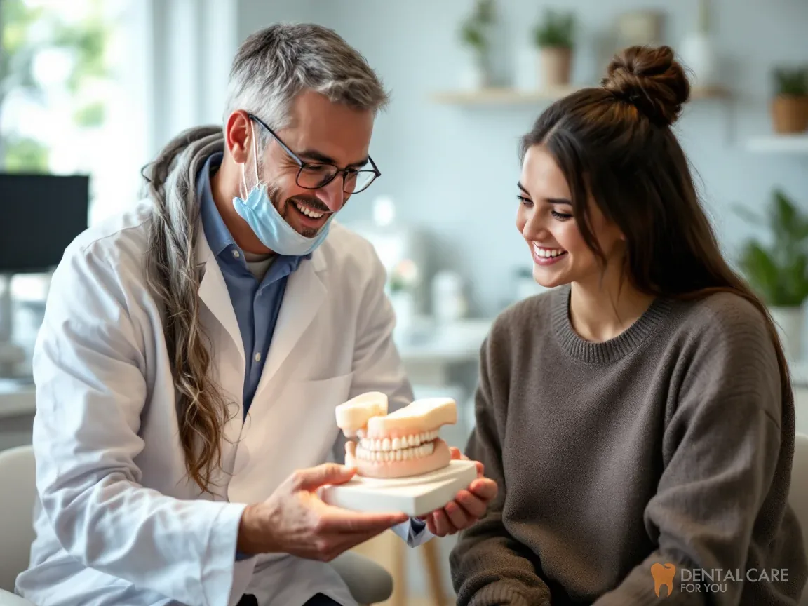 Dentist using a jaw model to explain the bite to a patient, overbite and underbite