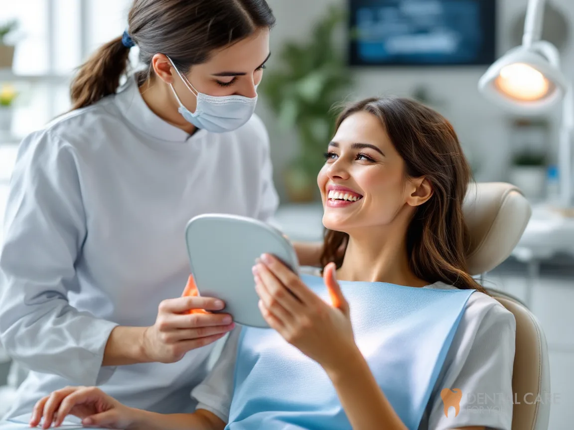 Patient in a dental chair checking her front teeth in a hand mirror while the dentist explains front tooth replacement options