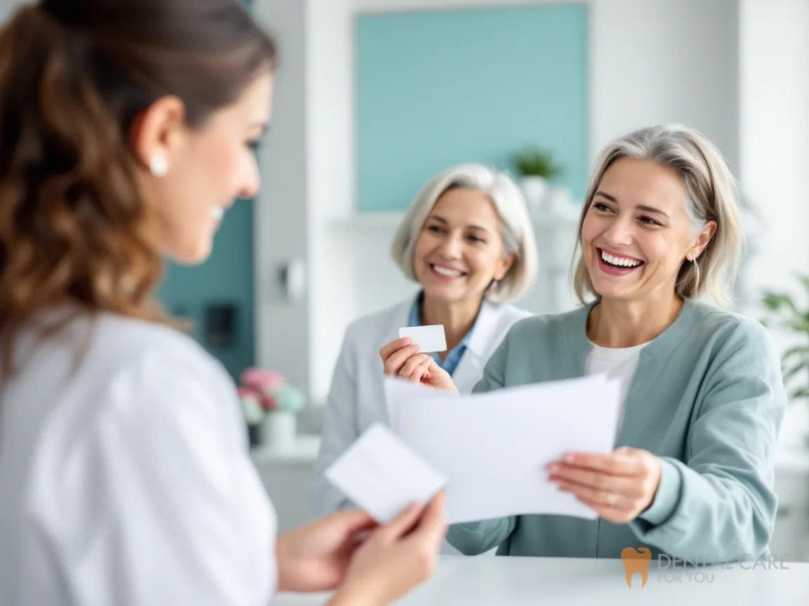 Clinic receptionist helping two older women with their card and papers at check-in
