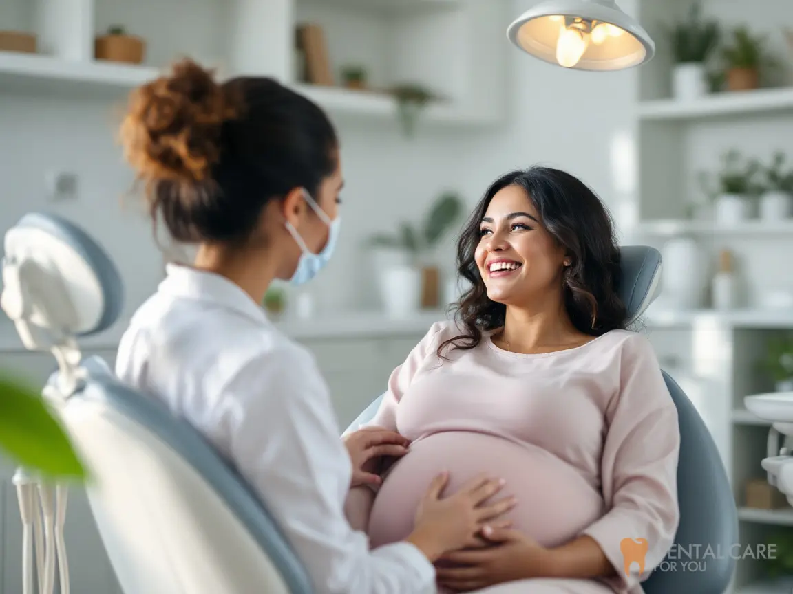 Smiling pregnant woman in a dental chair talking with a dentist about oral health during pregnancy
