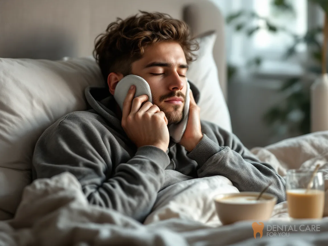 Young man resting in bed with a cold pack on his jaw after wisdom tooth removal, with a soft meal on the side table