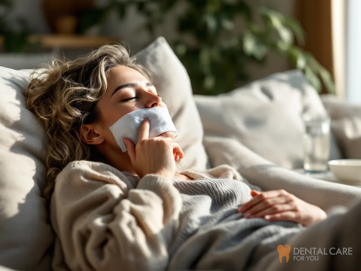 Woman resting on a sofa with a cloth held to her cheek after a tooth extraction