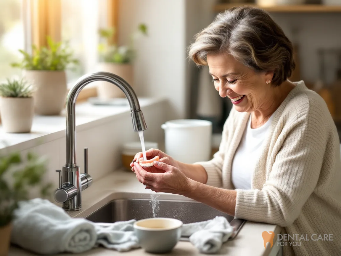 Smiling senior woman rinsing at a kitchen sink lined with a towel, a small soaking cup on the counter