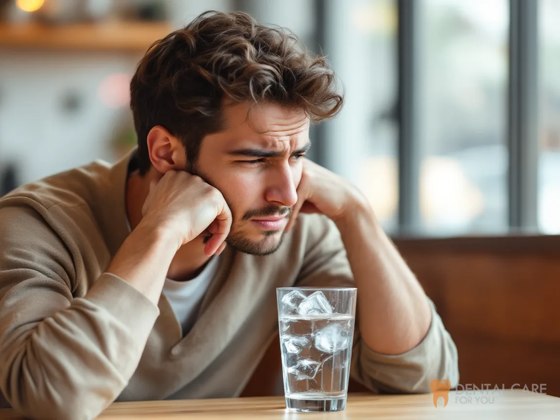 Man holding his jaw after a sip of iced water, a common sign of sensitive teeth
