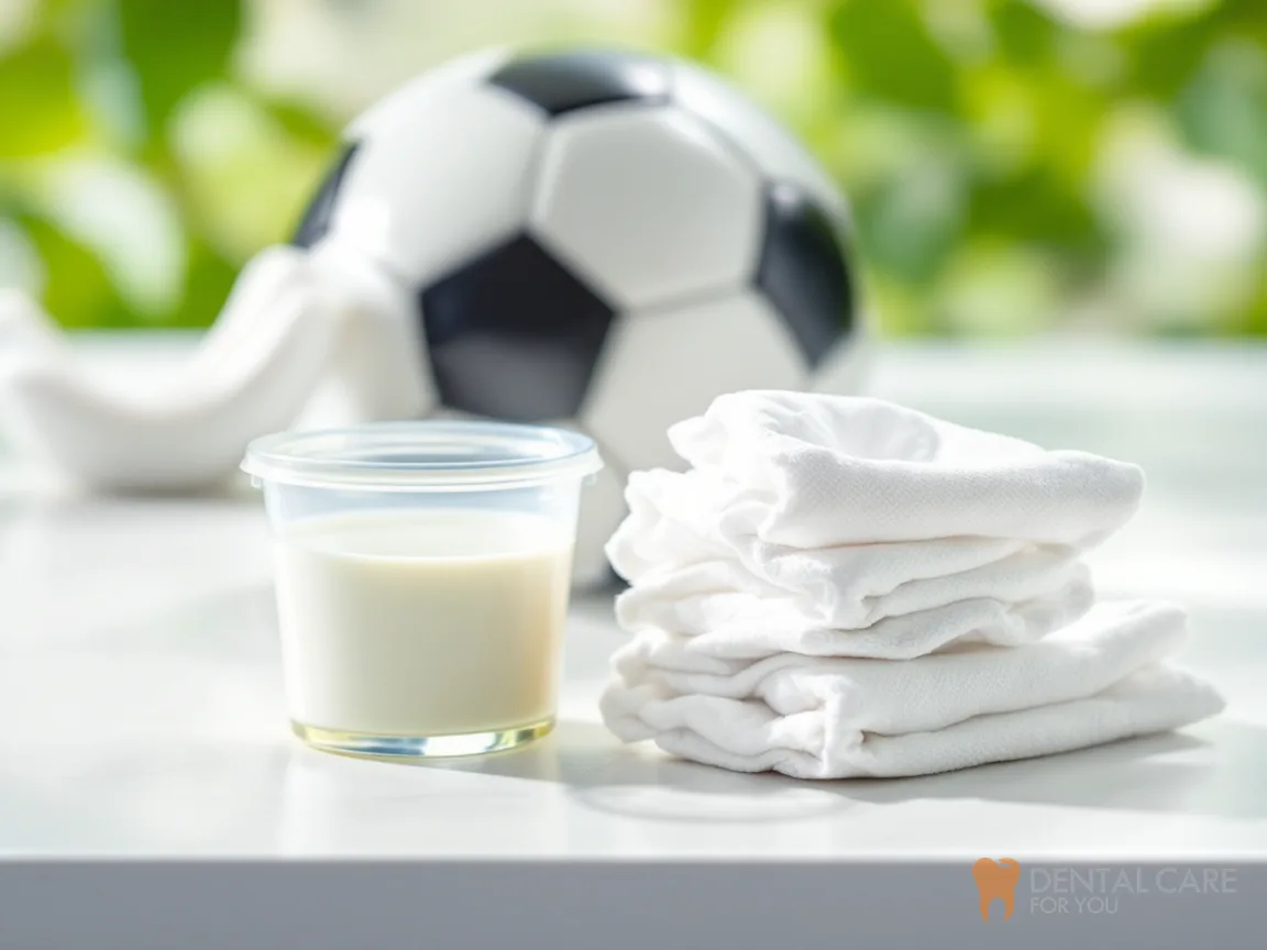 Small container of milk beside clean gauze and a sports mouthguard, ready for knocked-out tooth first aid
