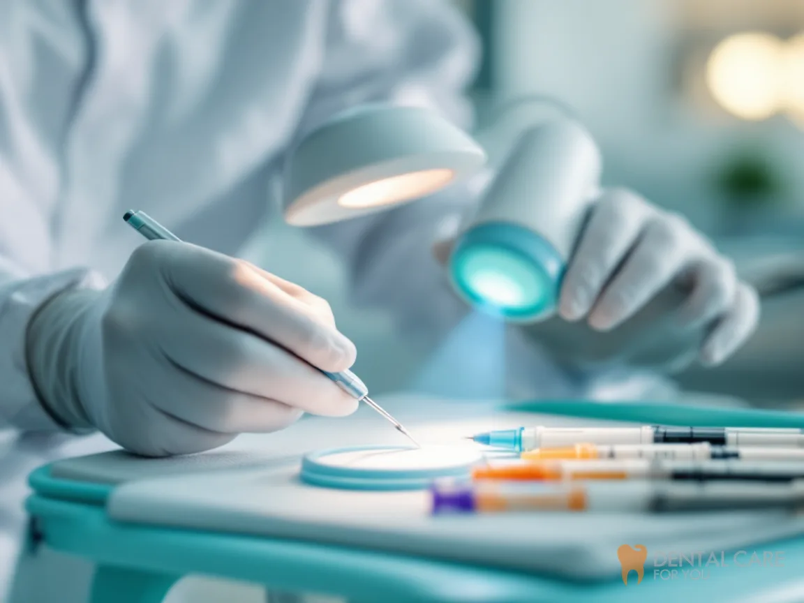 Gloved hands with dental instruments, a curing light and tooth-coloured filling materials on a tray