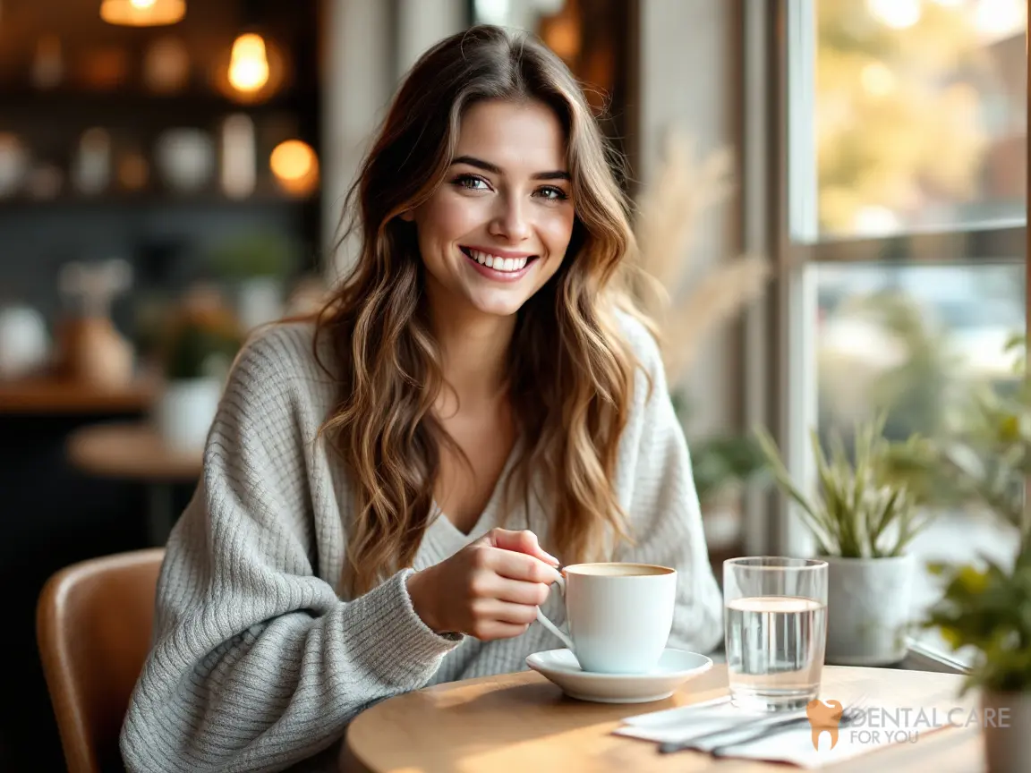 Smiling woman drinking coffee with a glass of water beside her cup, a simple habit that helps protect teeth from coffee stains